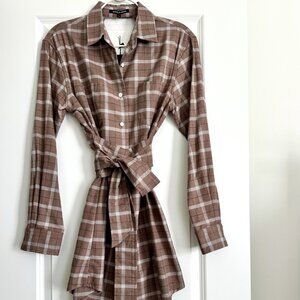 NWT MARISSA WEBB Brown Check Plaid Long Sleeve Mini Shirt Dress Size S